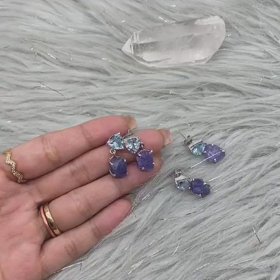 Blue Topaz, Raw Tanzanite Drop Earrings, Sterling Silver Earrings, Unique Gemstone Earrings, December Birthstone, November Birthstone