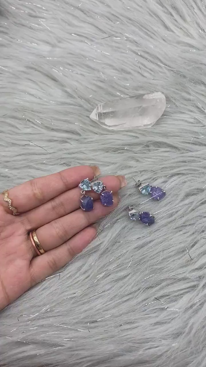 Blue Topaz, Raw Tanzanite Drop Earrings, Sterling Silver Earrings, Unique Gemstone Earrings, December Birthstone, November Birthstone