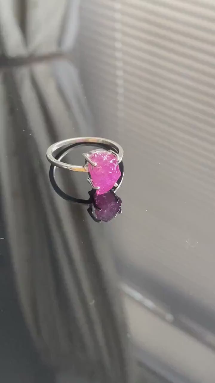 Raw Ruby Ring, Sterling Silver Dainty Red Gemstone Ring, UK size T, July Birthstone, Ruby Jewelry, Rings For Women, Birthday Gift
