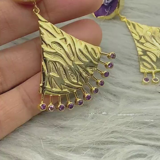 Purple Raw Amethyst Gold Earrings, February Birthstone, Indian Ethnic Jhumka Drop Earrings, Unique Statement Gemstone Earrings, Gift For Her