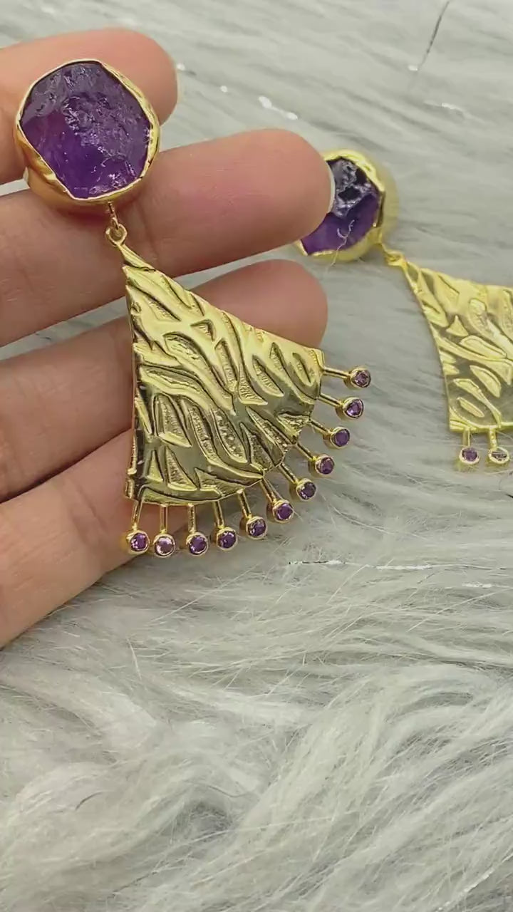 Purple Raw Amethyst Gold Earrings, February Birthstone, Indian Ethnic Jhumka Drop Earrings, Unique Statement Gemstone Earrings, Gift For Her