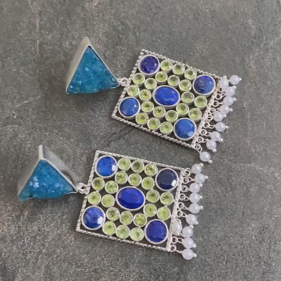 Blue Agate, Lapis, Peridot Silver Earrings, Lapis Lazuli Earrings, August, December Birthstone, Unique Statement Earrings, Gift For Her