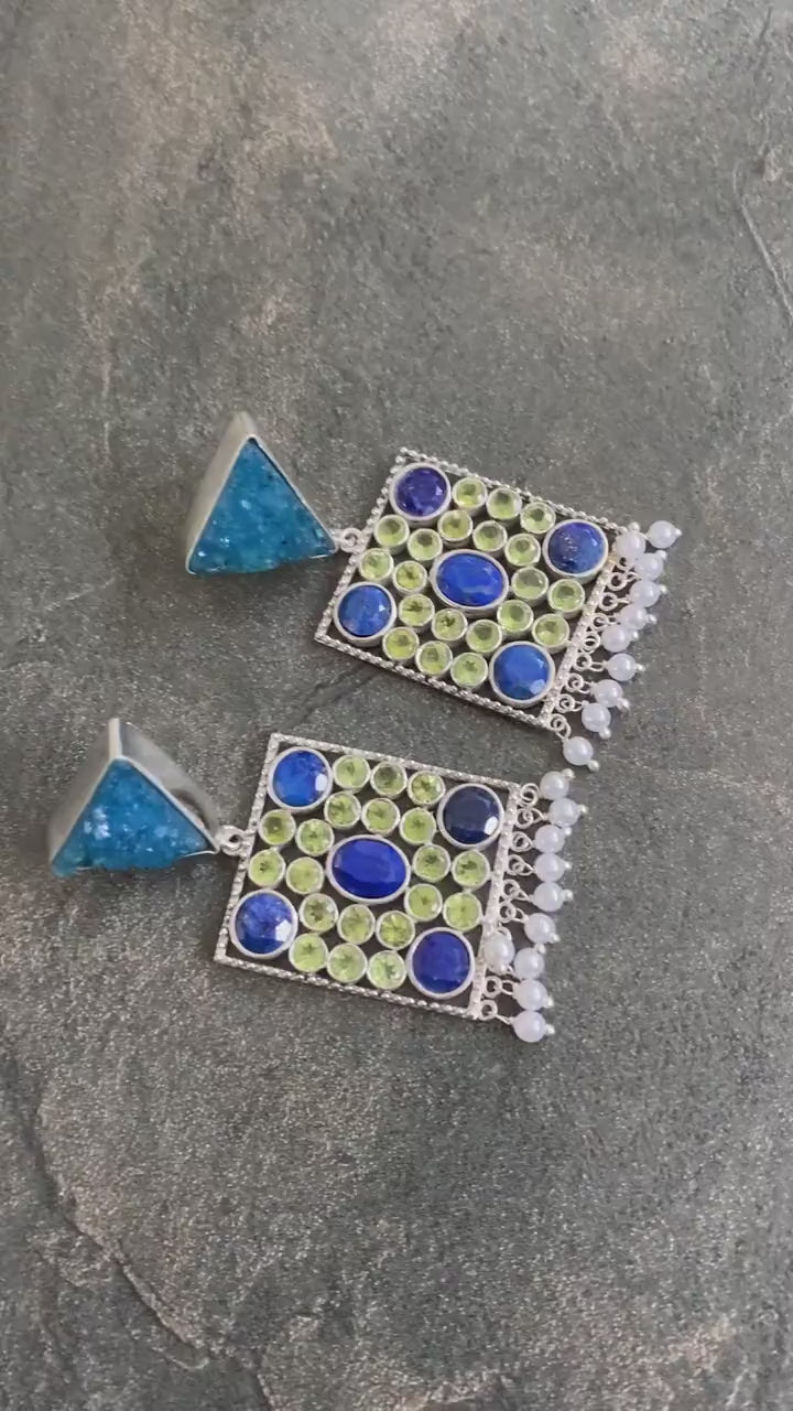 Blue Agate, Lapis, Peridot Silver Earrings, Lapis Lazuli Earrings, August, December Birthstone, Unique Statement Earrings, Gift For Her