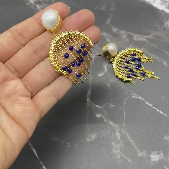 Blue Aventurine, Pearl Gold Earrings, June Birthstone, Statement Unique Drop Earrings, Jhumka Earrings, Gifts For Her, Birthday Gift