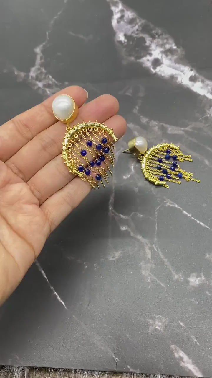 Blue Aventurine, Pearl Gold Earrings, June Birthstone, Statement Unique Drop Earrings, Jhumka Earrings, Gifts For Her, Birthday Gift