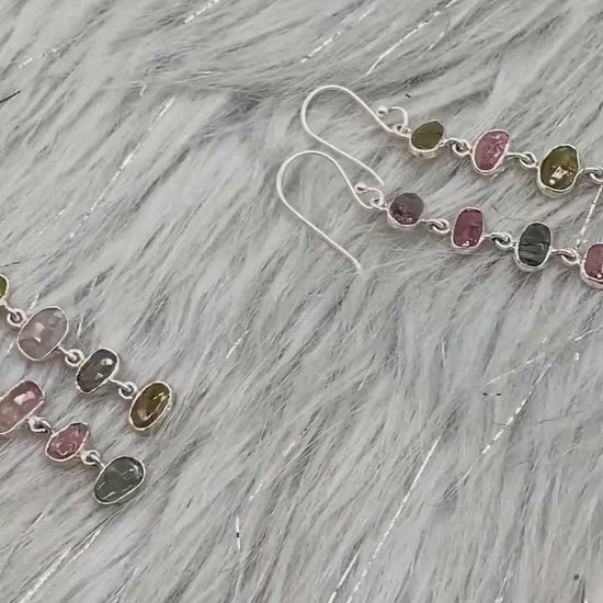 Mixed Tourmaline Earrings, Green Pink Tourmaline Sterling Silver, 925 Silver, Dangle Earrings, October Birthstone, Gift For Her