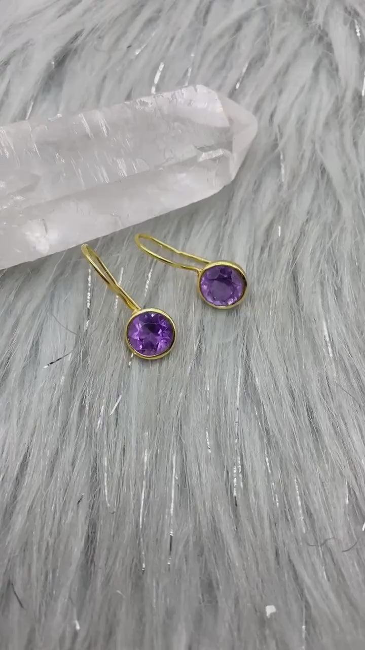 Purple Amethyst Gold Earrings, February Birthstone, Dainty Statement Unique Gemstone Dangle Drop Earrings, Gold Plated Silver, Gifts For Her