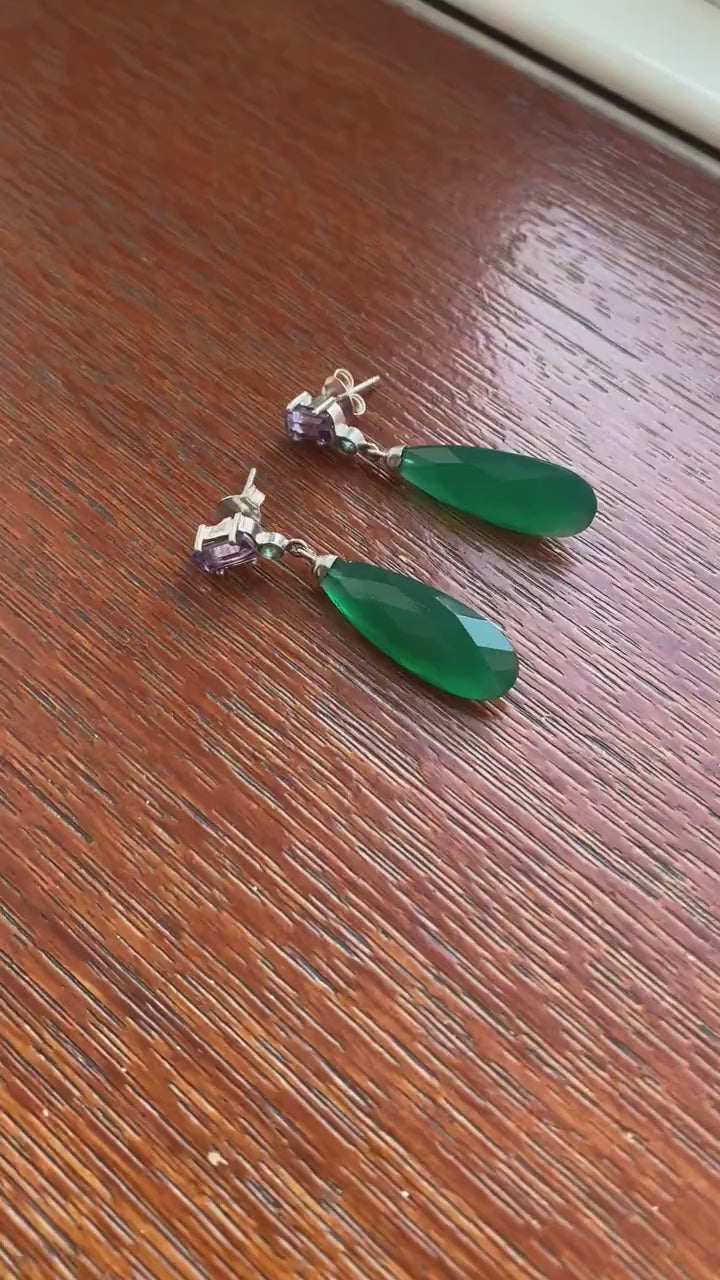 Green Onyx, Amethyst, Emerald Earrings, Sterling Silver Gemstone Earrings, February Birthstone Jewelry, Birthday Gifts For Her, Bridesmaid