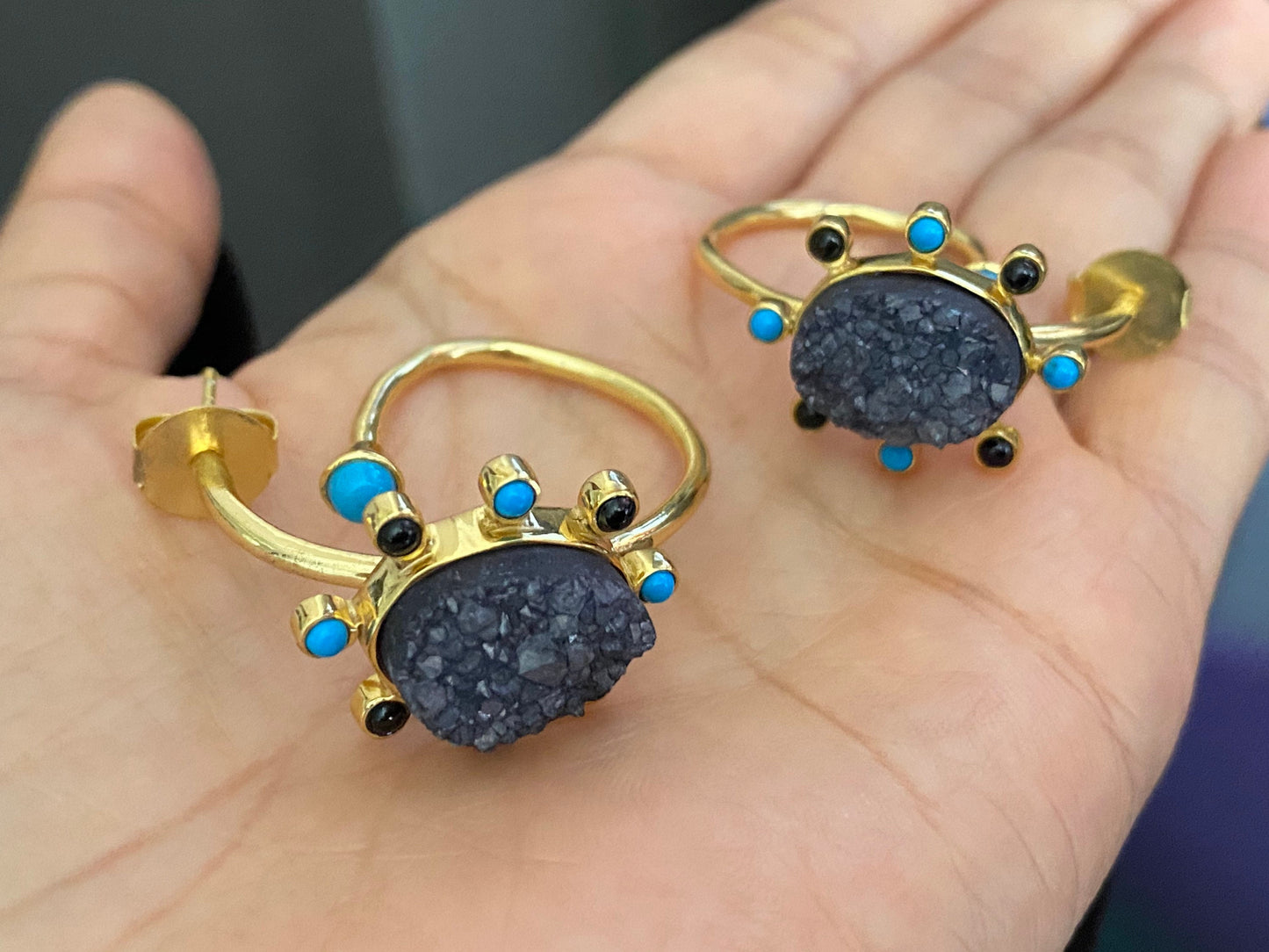 Black Onyx, Agate, Turquoise Gold Earrings, Druzy Earrings, Unique Gemstone Earrings, Birthday gift, Gifts for women