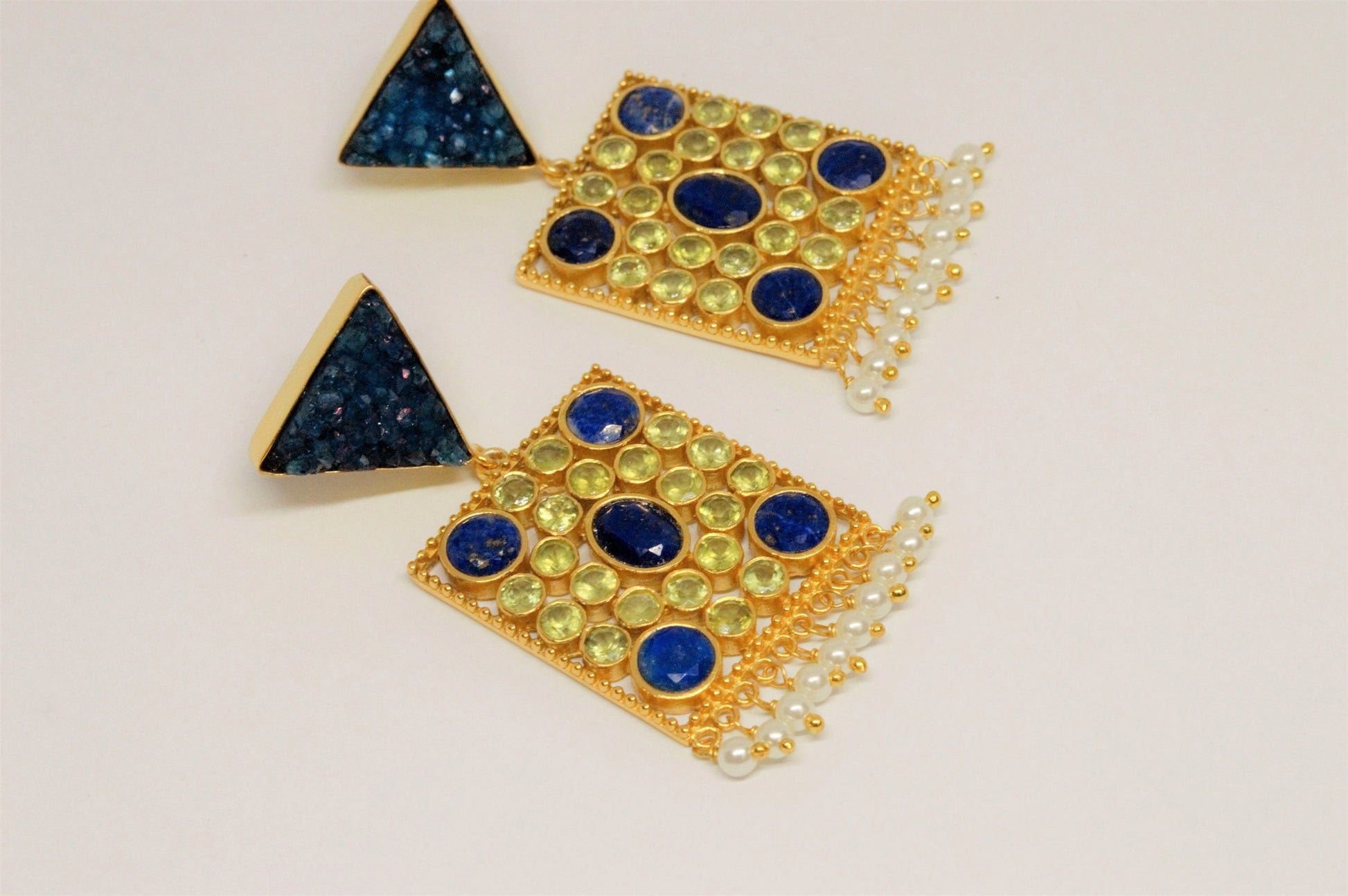 Blue Agate, Lapis, Peridot Gold Earrings, Lapis Lazuli Earrings, August, December Birthstone, Unique Statement Earrings, Gift for Her