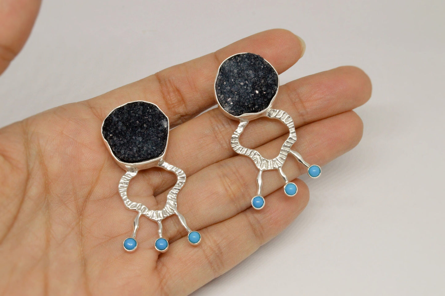 Black Agate, Turquoise Silver Earrings, Unique Black Druzy Earrings, Turquoise Jewelry, December Birthstone, Unique Statement Earrings