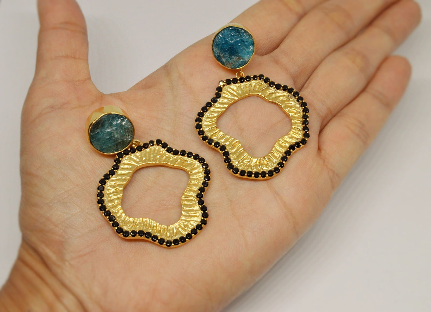Blue Apatite Black Onyx Gold Earrings, Unique Gemstone Earrings, Dainty Statement Earrings, Gift For Her, Indian Jewelry