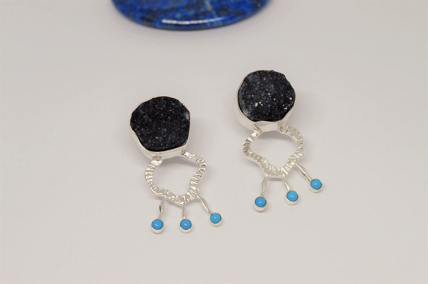 Black Agate, Turquoise Silver Earrings, Unique Black Druzy Earrings, Turquoise Jewelry, December Birthstone, Unique Statement Earrings