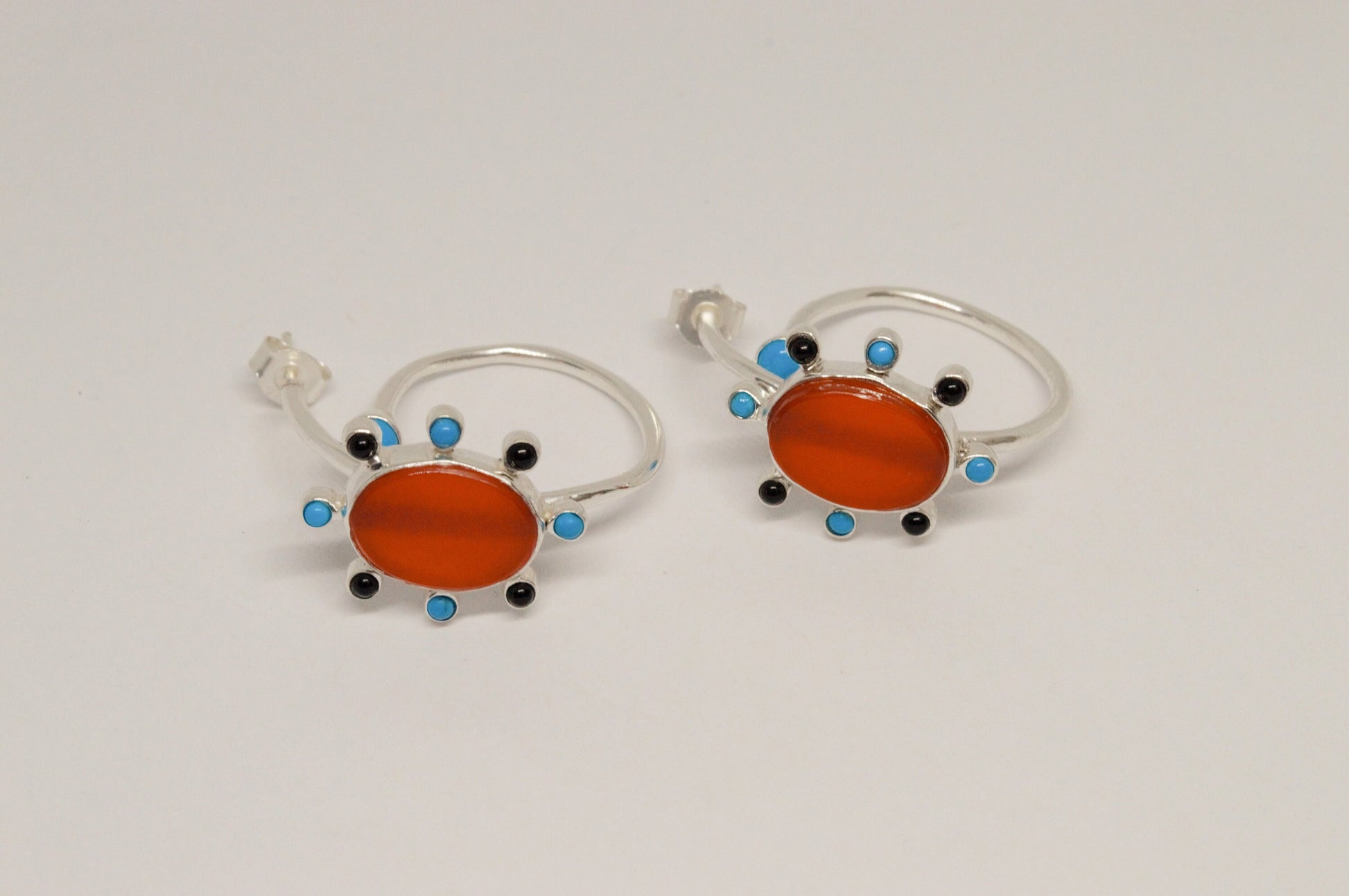 Black Onyx, Turquoise, Carnelian Earrings, Sterling Silver, Turquoise Birthstone Jewelry, Unique Gemstone Earrings, Gift for her