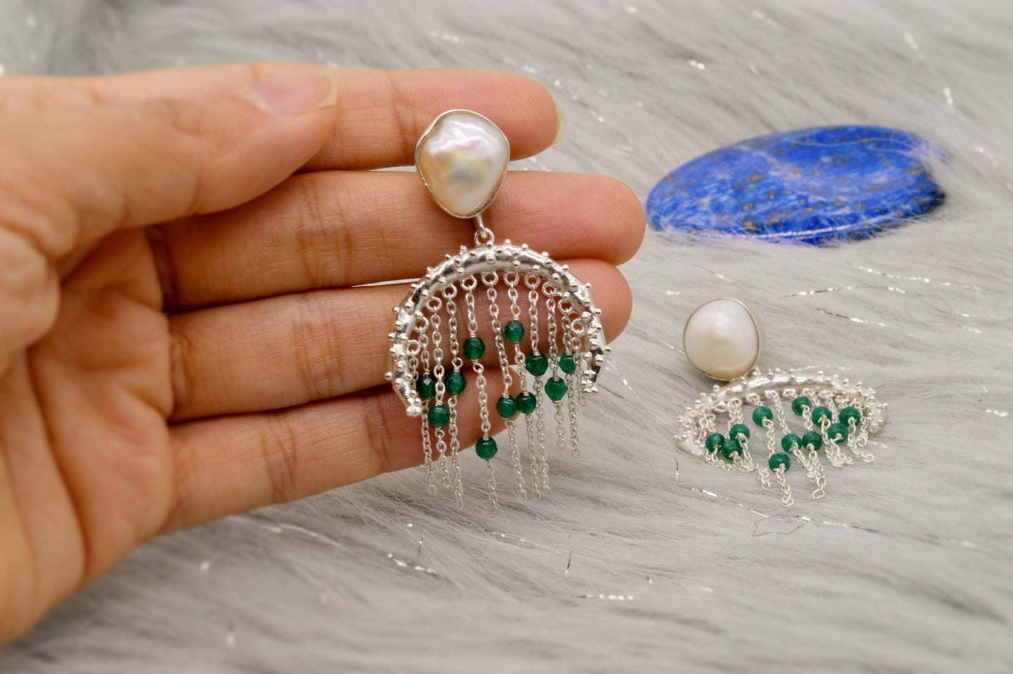 Green Onyx, Pearl Silver Earrings, June Birthstone, Dangle Drop Gemstone Earrings, Pearl Jewelry, Unique Statement Earrings, Gift For Her