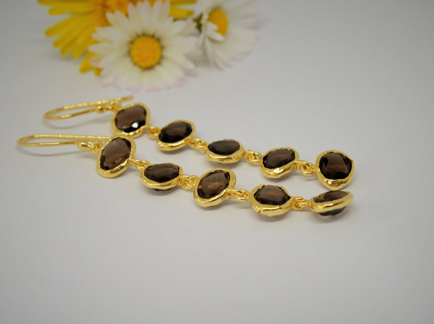 Smokey Quartz Gold Dangle Earrings, Unique Gold Plated Silver Gemstone Big Drop Earrings, Quartz Jewelry, Gift For Her, Birthday Gift