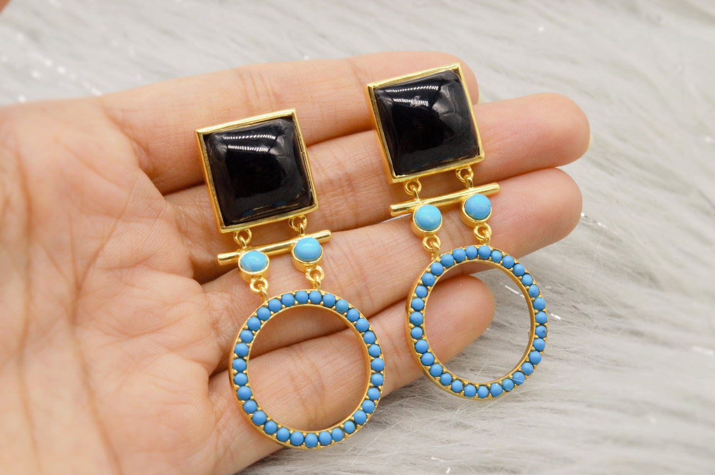 Black Onyx, Turquoise Gold Drop Earrings, December Birthstone Jewelry, Unique Dangle Jhumka Earrings, Birthday Gifts For Her