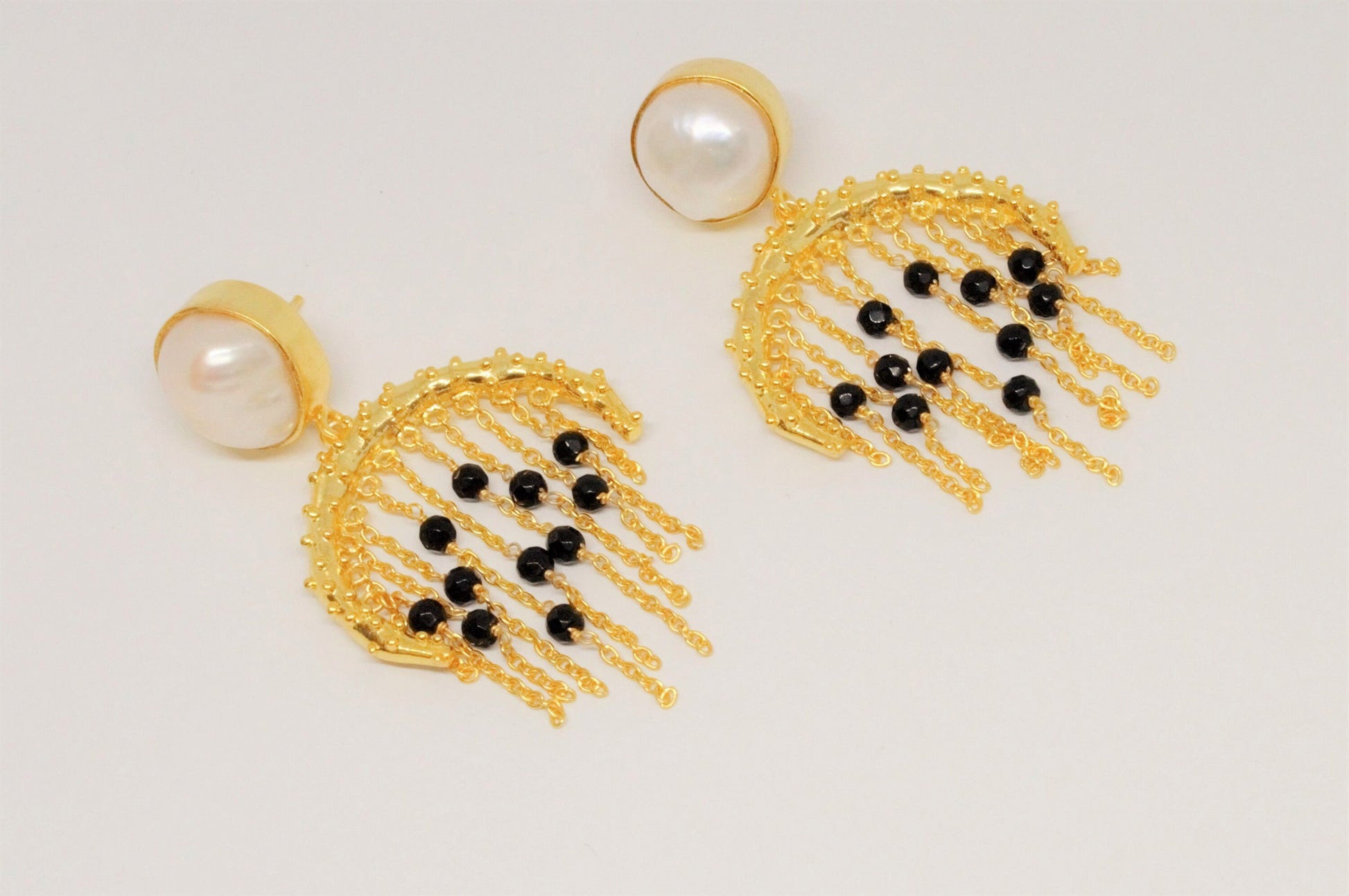 Black Onyx, Pearl Gold Drop Earrings, June Birthstone, Handmade Beaded Unique Statement Chandelier Earrings, Dangle Earrings, Gifts For Her