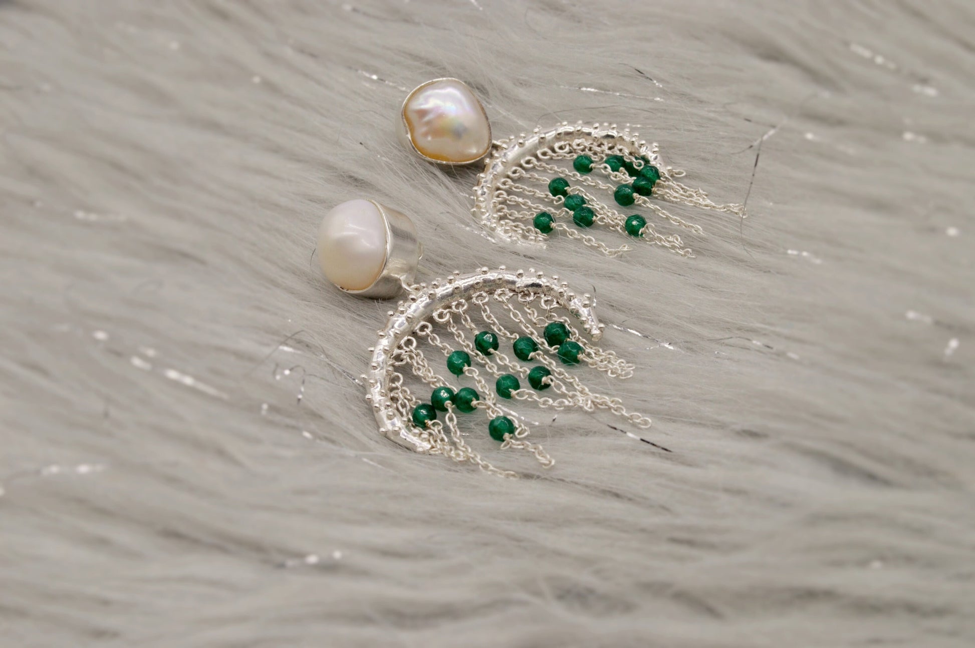Green Onyx, Pearl Silver Earrings, June Birthstone, Dangle Drop Gemstone Earrings, Pearl Jewelry, Unique Statement Earrings, Gift For Her