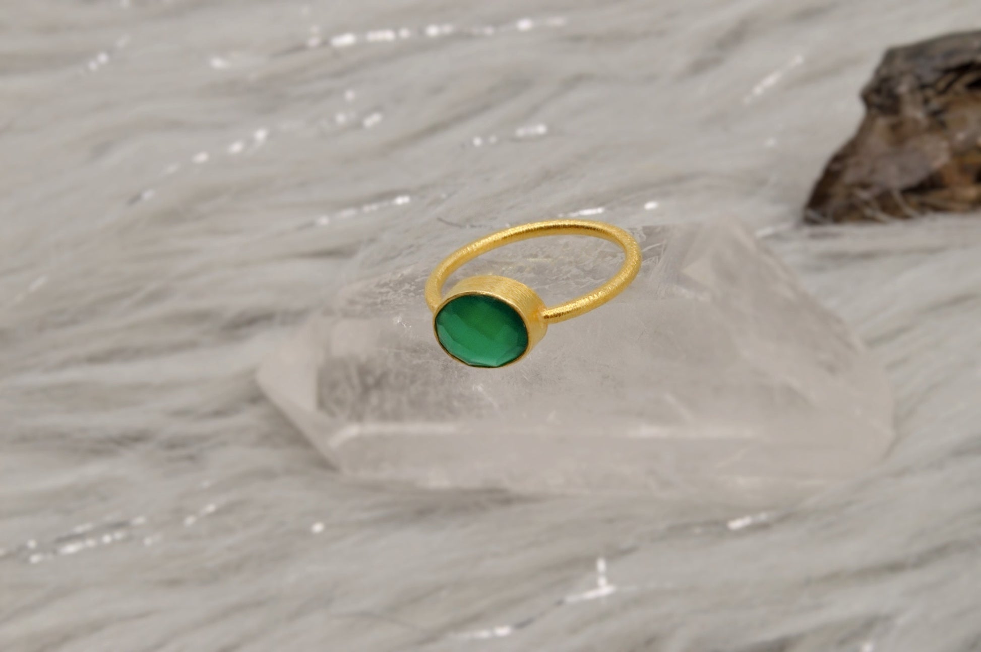 Green Onyx Gold Ring, Dainty Raw Gem Ring, Gold Plated Sterling Silver, Statement Gemstone, Stacking Rings For Women, Green Stone Ring