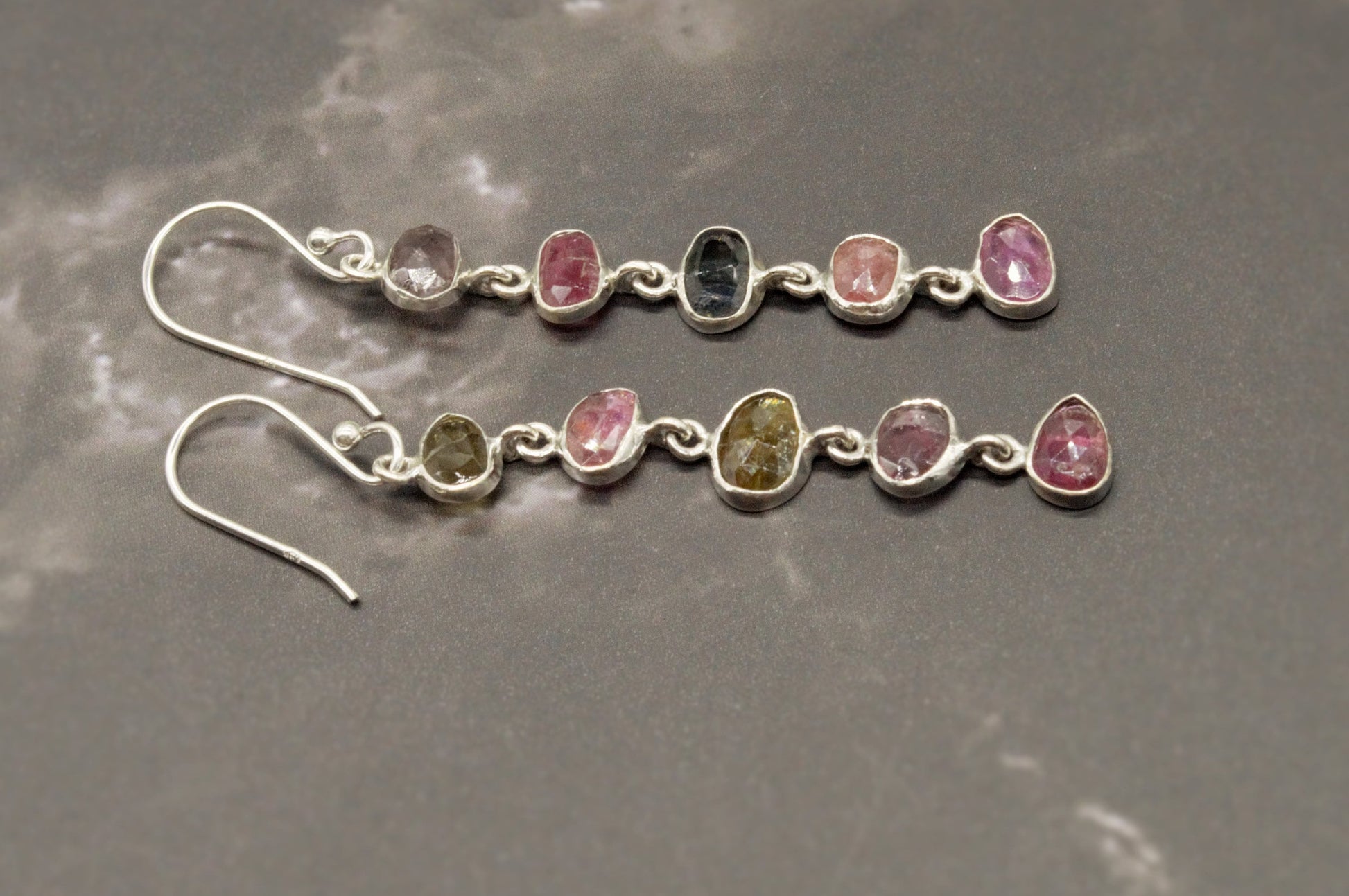 Mixed Tourmaline Earrings, Green Pink Tourmaline Sterling Silver, 925 Silver, Dangle Earrings, Gift for her