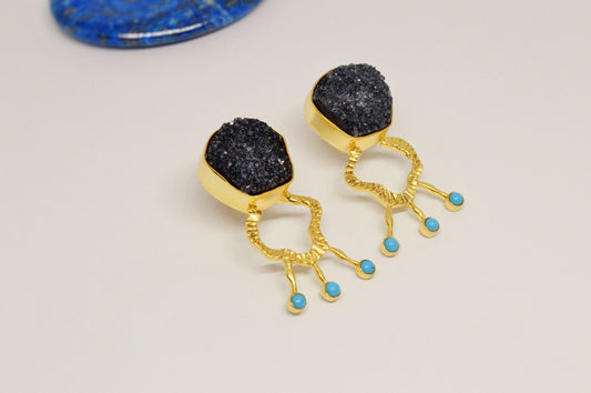 Black Agate, Turquoise Gold Earrings, December Birthstone, Unique Black Druzy Earrings, Turquoise Jewelry, Birthday Gifts For Her