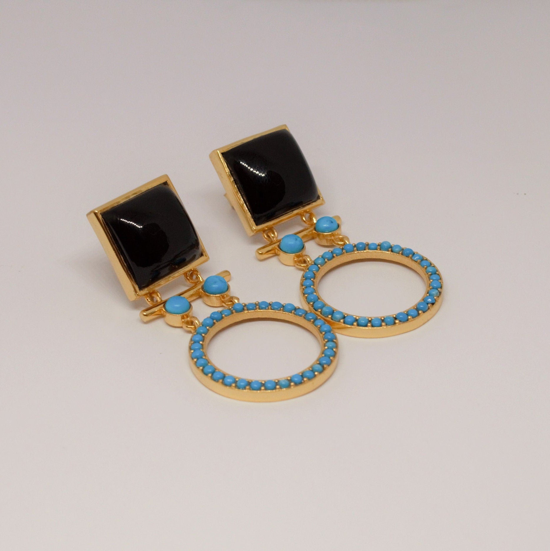 Black Onyx, Turquoise Gold Drop Earrings, December Birthstone Jewelry, Unique Dangle Jhumka Earrings, Birthday Gifts For Her
