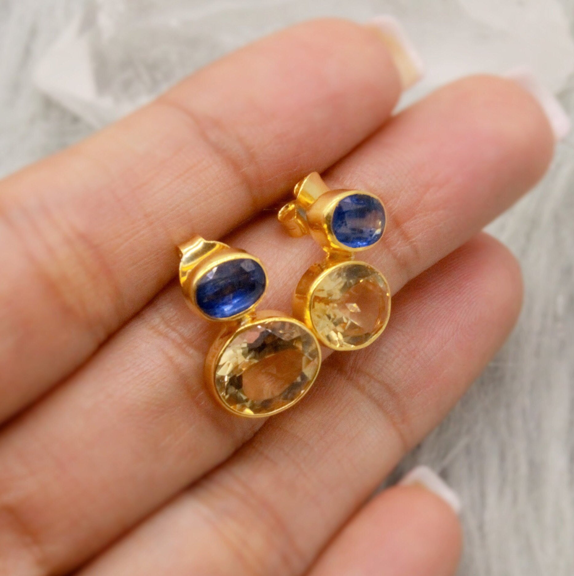 Kyanite, Citrine Gold Earrings, Gold Plated Silver Stud Earrings, Citrine Jewelry, Unique Statement Earrings, November Stone, Gift For Her