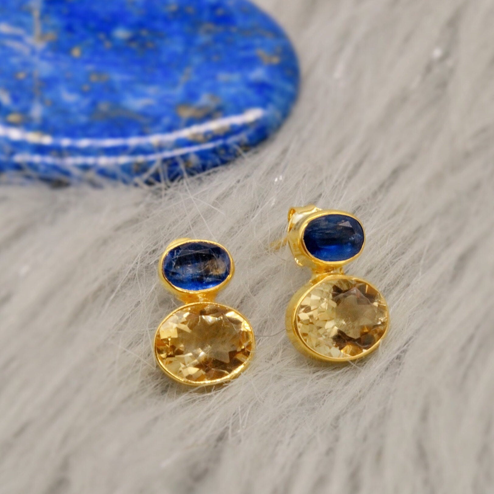 Kyanite, Citrine Gold Earrings, Gold Plated Silver Stud Earrings, Citrine Jewelry, Unique Statement Earrings, November Stone, Gift For Her
