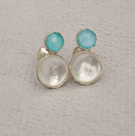 Aqua Chalcedony and Moonstone Earrings, Sterling Silver Stud Earrings, Moonstone Jewelry, Unique Handmade Earrings, Best Friend Gift For Her