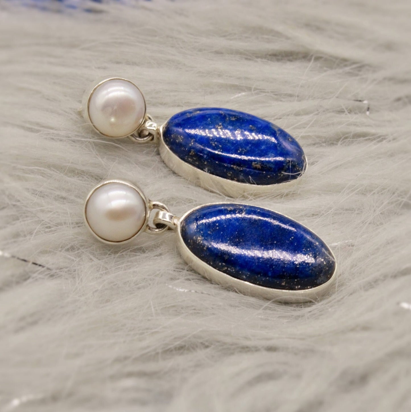 Lapis Lazuli Sterling Silver Earrings, Pearl Earrings, Handmade Blue Earrings, Gifts For Her, Women Gemstone Earrings, Birthday Gift