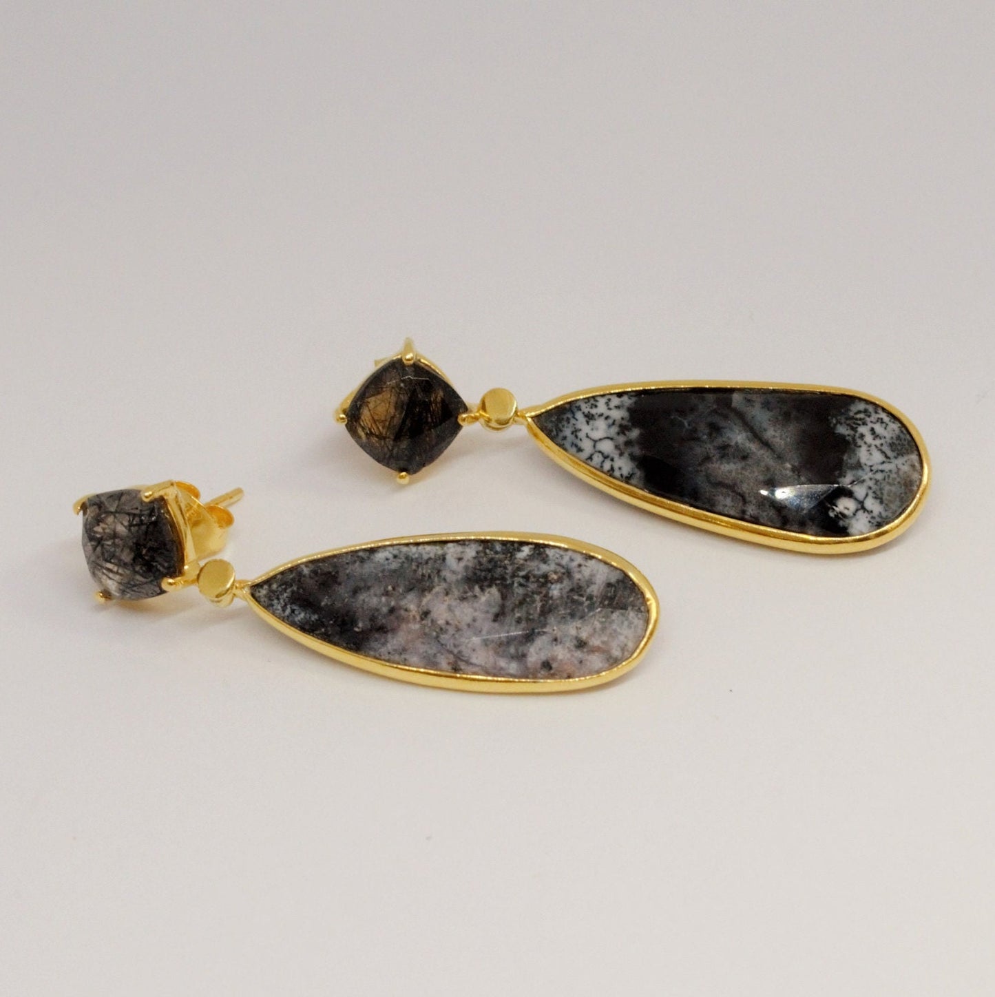 Black Rutilated Quartz Dendritic Opal Earrings, Gold Earrings, Gold Plated Sterling Silver, Gemstone Earrings