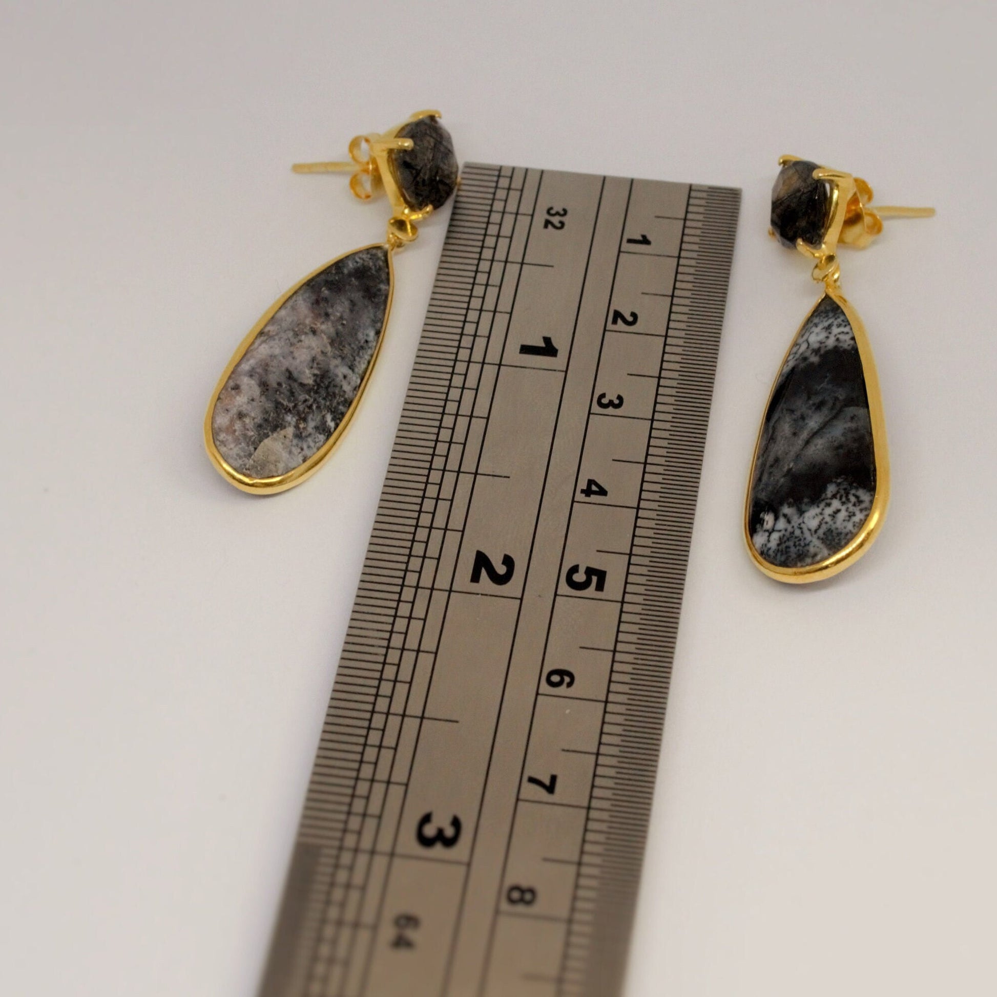 Black Rutilated Quartz Dendritic Opal Earrings, Gold Earrings, Gold Plated Sterling Silver, Gemstone Earrings
