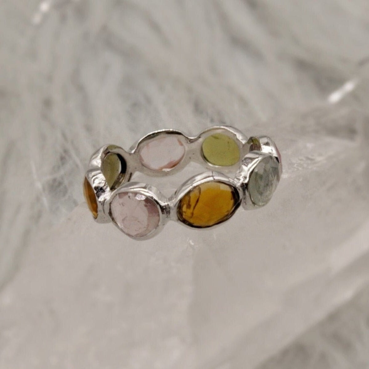 Raw Tourmaline Ring, 925 Sterling Silver Ring, Tourmaline Jewelry, October Birthstone, Raw Pink Green Gem Stone Eternity Ring, Gifts For Her
