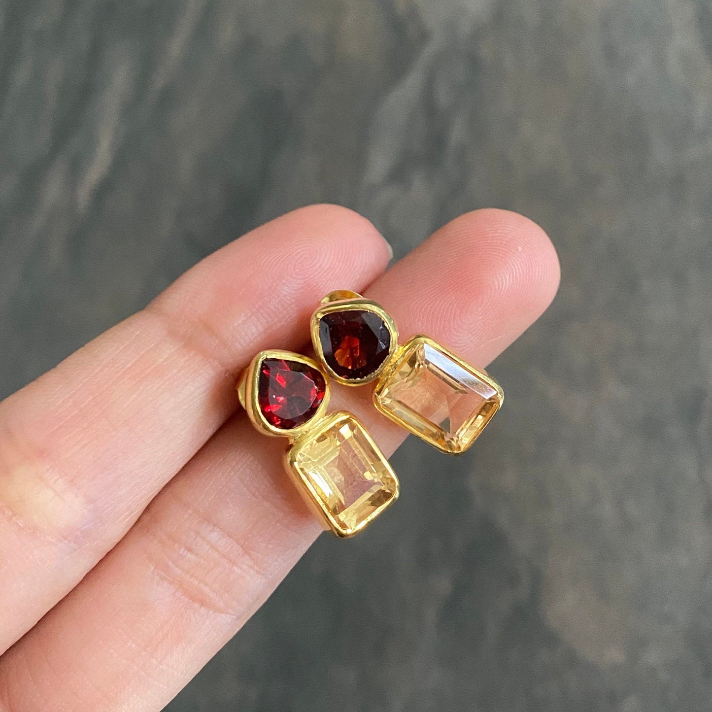 Garnet Citrine Gold Stud Earrings, Unique Gold Plated Sterling Silver Earrings, January, November Birthstone, Birthday Gifts For Her