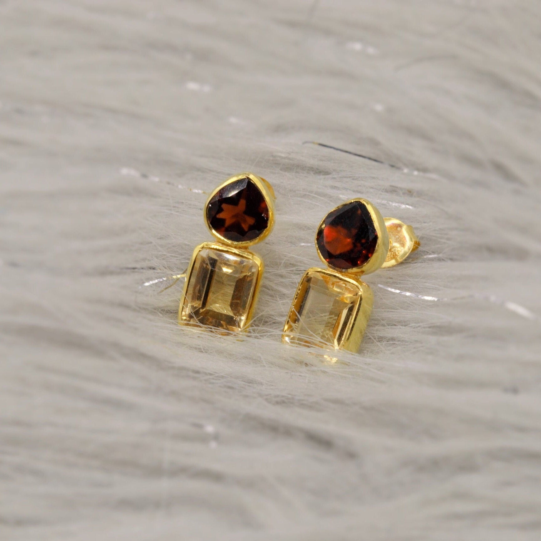 Garnet Citrine Gold Stud Earrings, Unique Gold Plated Sterling Silver Earrings, January, November Birthstone, Birthday Gifts For Her