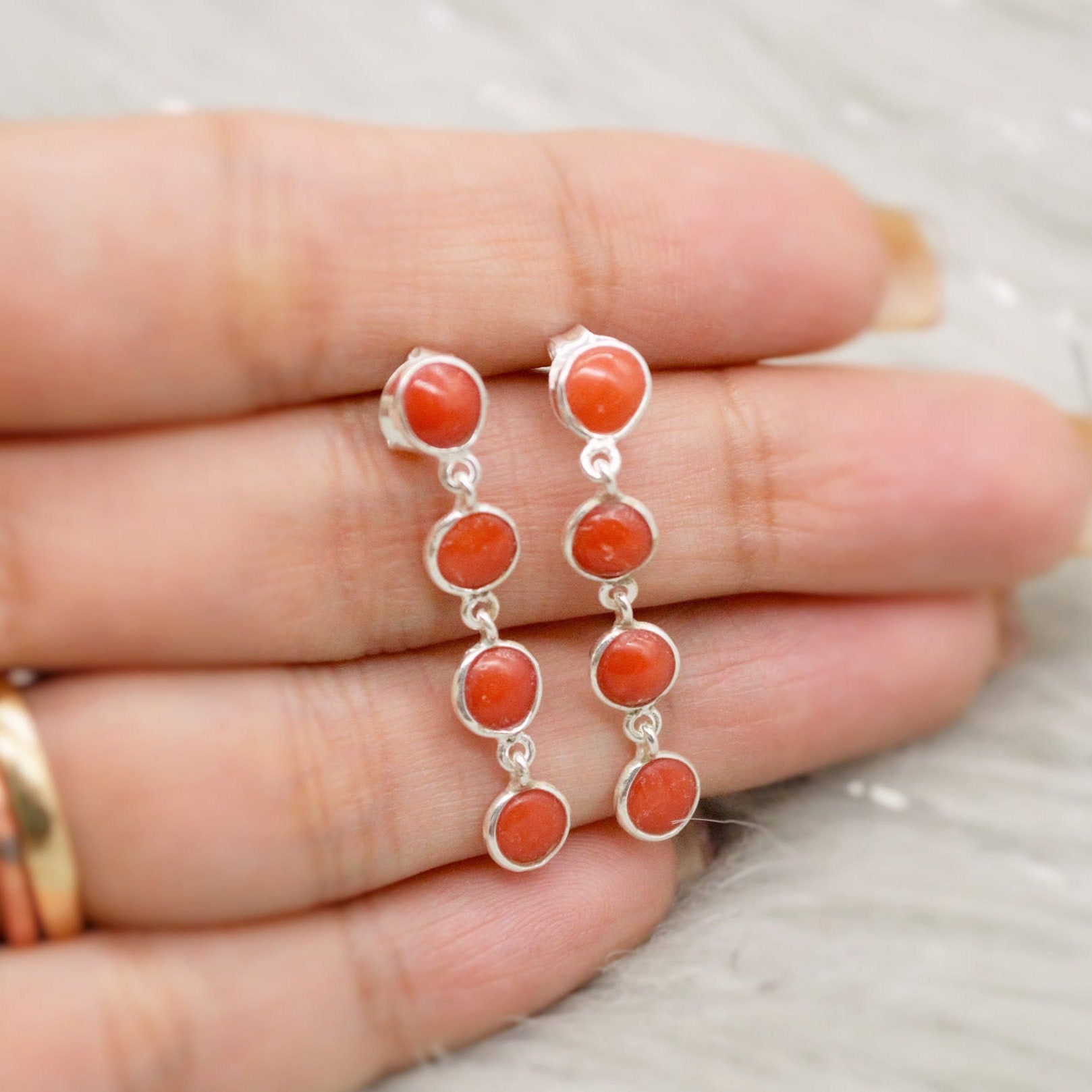 Red Coral Sterling Silver Drop Earrings, Natural Coral Earrings, Unique Dainty Earrings, Red Coral Jewelry, Best Friend Gift For Her,