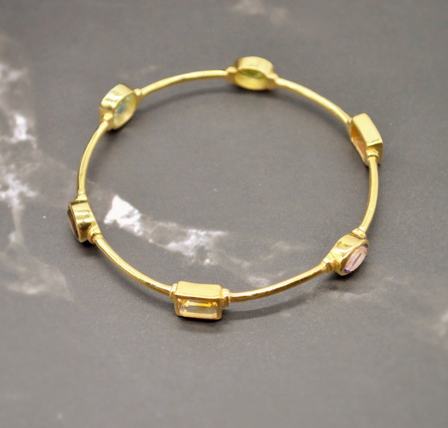 Multi Coloured Stone Gold Bangle, Blue Topaz, Amethyst, Citrine Bracelet, 6cm diameter, Gift For Her, Sterling Silver Birthstone Bracelet