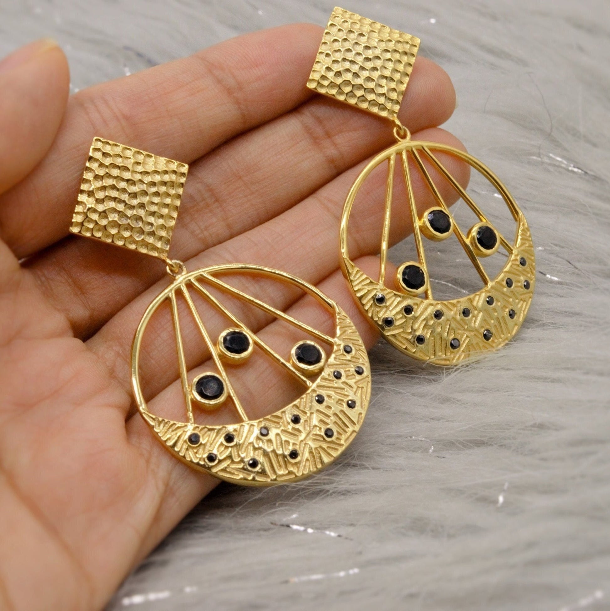 Black Onyx Gold Earrings, Handmade Unique Statement Jhumka Earrings, Gemstone Dangle Circle Earrings, Birthday Gift For Her