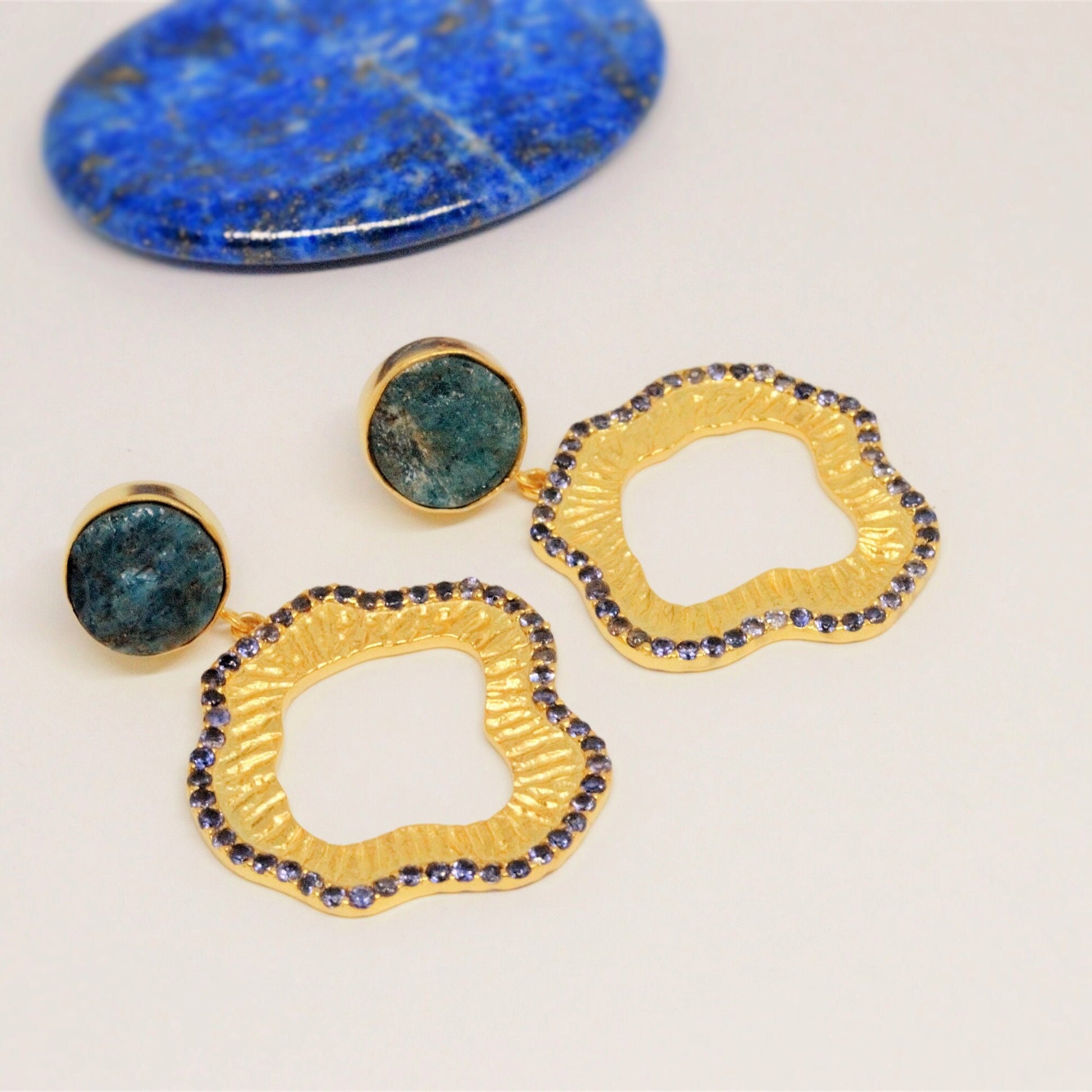 Blue Apatite, Iolite Gold Earrings, Gold Plated 925 Silver Earrings, Unique Statement Earrings, Gift For Her, Indian Jewelry