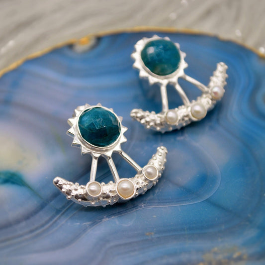 Blue Apatite, Pearl Silver Earrings, June Birthstone Jewelry, Gemstone Dangle Drop Bridal Earrings, Bridesmaid Gift For Her, Indian Jewelry