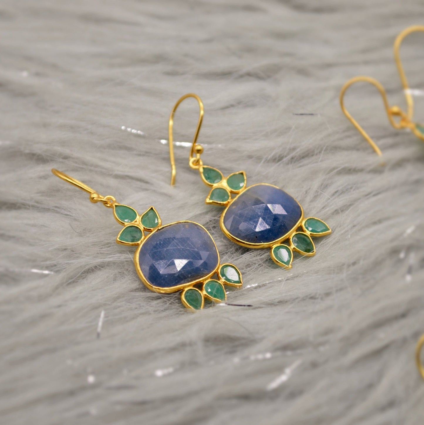 Sapphire and Emerald Earrings, Blue, Yellow, Purple Sapphire Earrings, Sapphire Jewelry, Birthday Gifts For Her, May, September Birthstone