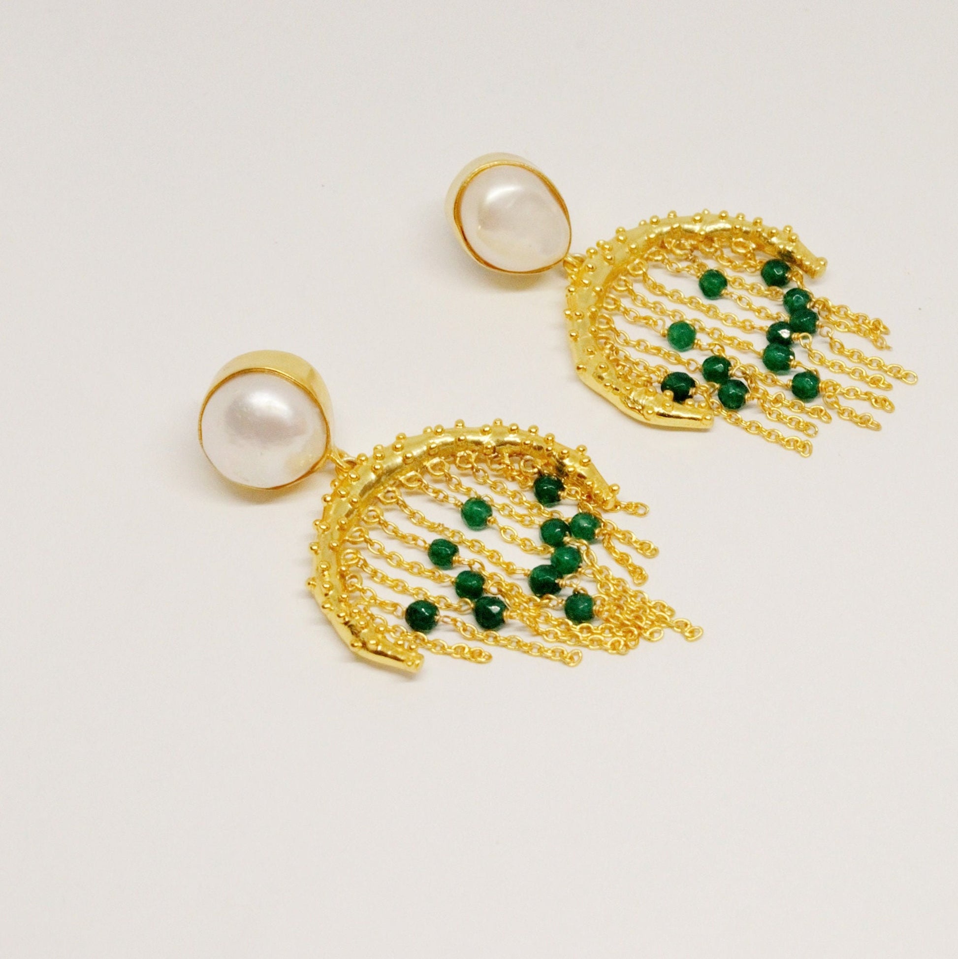 Green Onyx, Pearl Gold Drop Earrings, June Birthstone Jewelry, Statement Unique Earrings, Jhumka Earrings, Gifts For Her, Birthday Gift