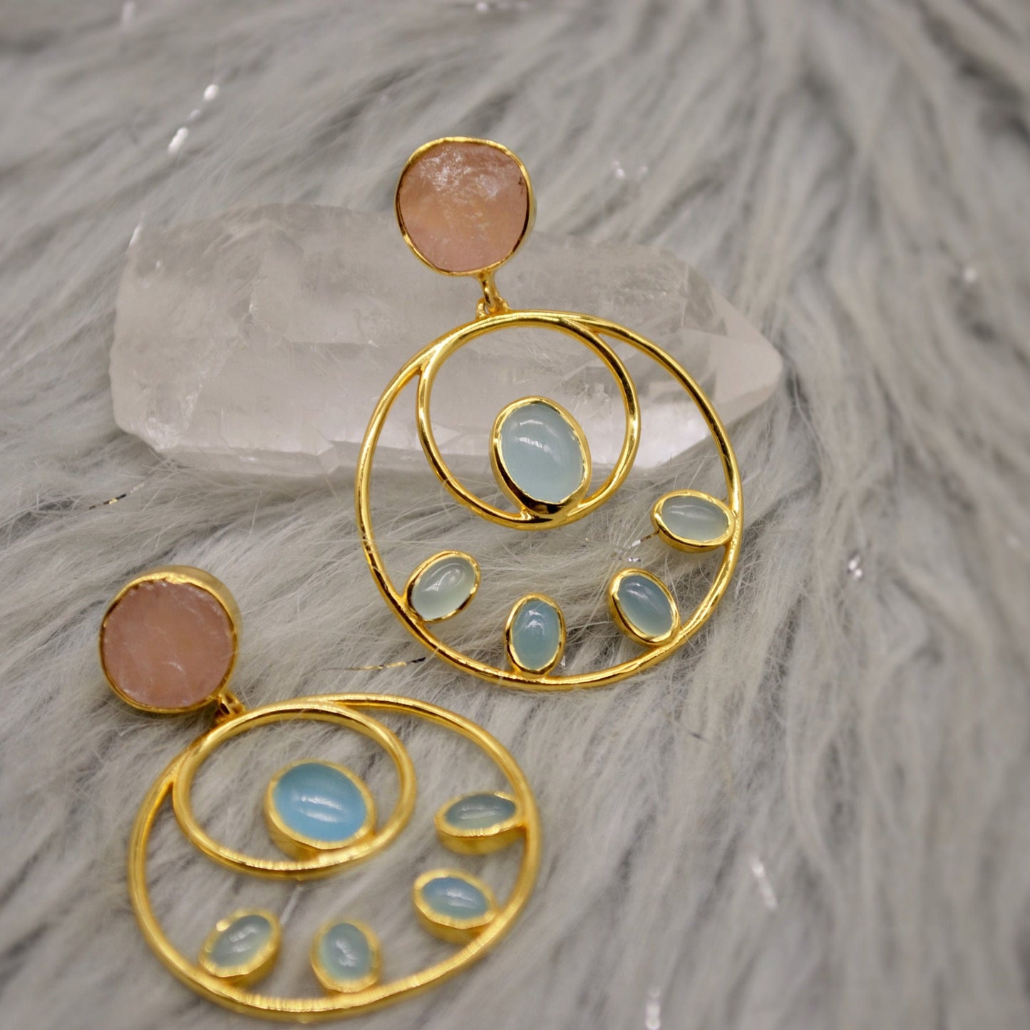 Rose Quartz, Aqua Blue Chalcedony Earrings, Gold Plated Sterling Silver Gemstone Earrings, Unique Hoops, Birthday Gifts For Her