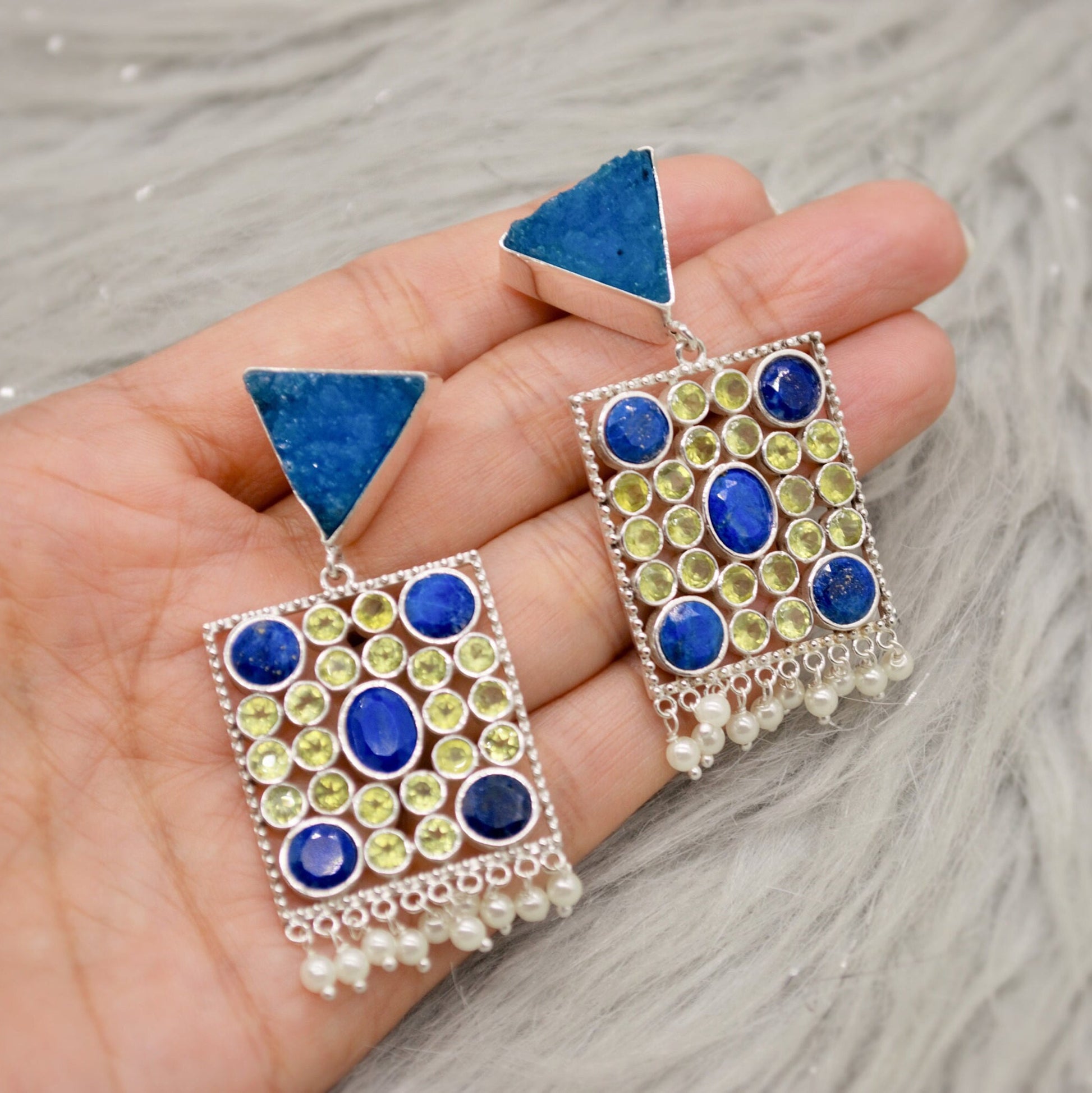 Blue Agate, Lapis, Peridot Silver Earrings, Lapis Lazuli Earrings, August, December Birthstone, Unique Statement Earrings, Gift For Her