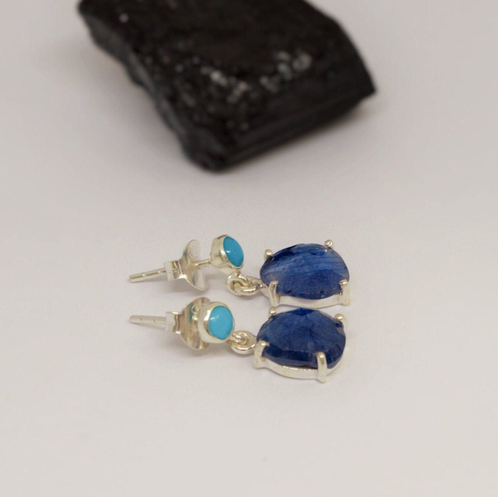 Blue Sapphire, Turquoise Earrings, Sterling Silver Teardrop Earrings, September, December Birthstone, Birthday Gift For Her, Cute Gemstone