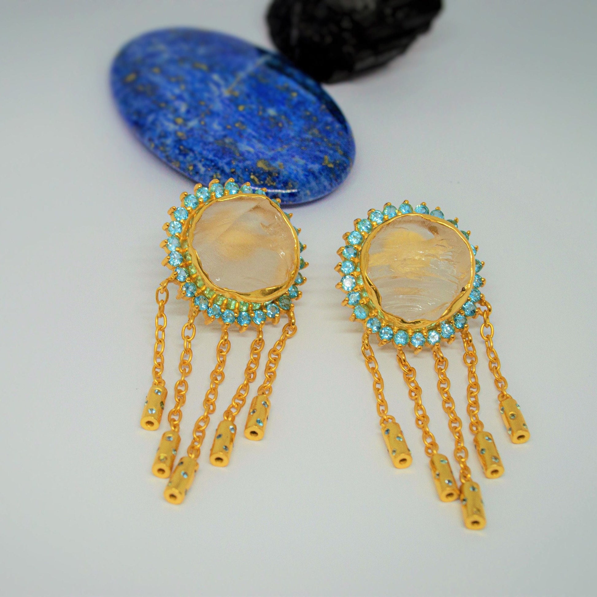Blue Topaz, Clear Quartz Gold Earrings, Clear Quartz Crystal, Unique Statement Jhumka Earrings, December Birthstone, Gifts For Her