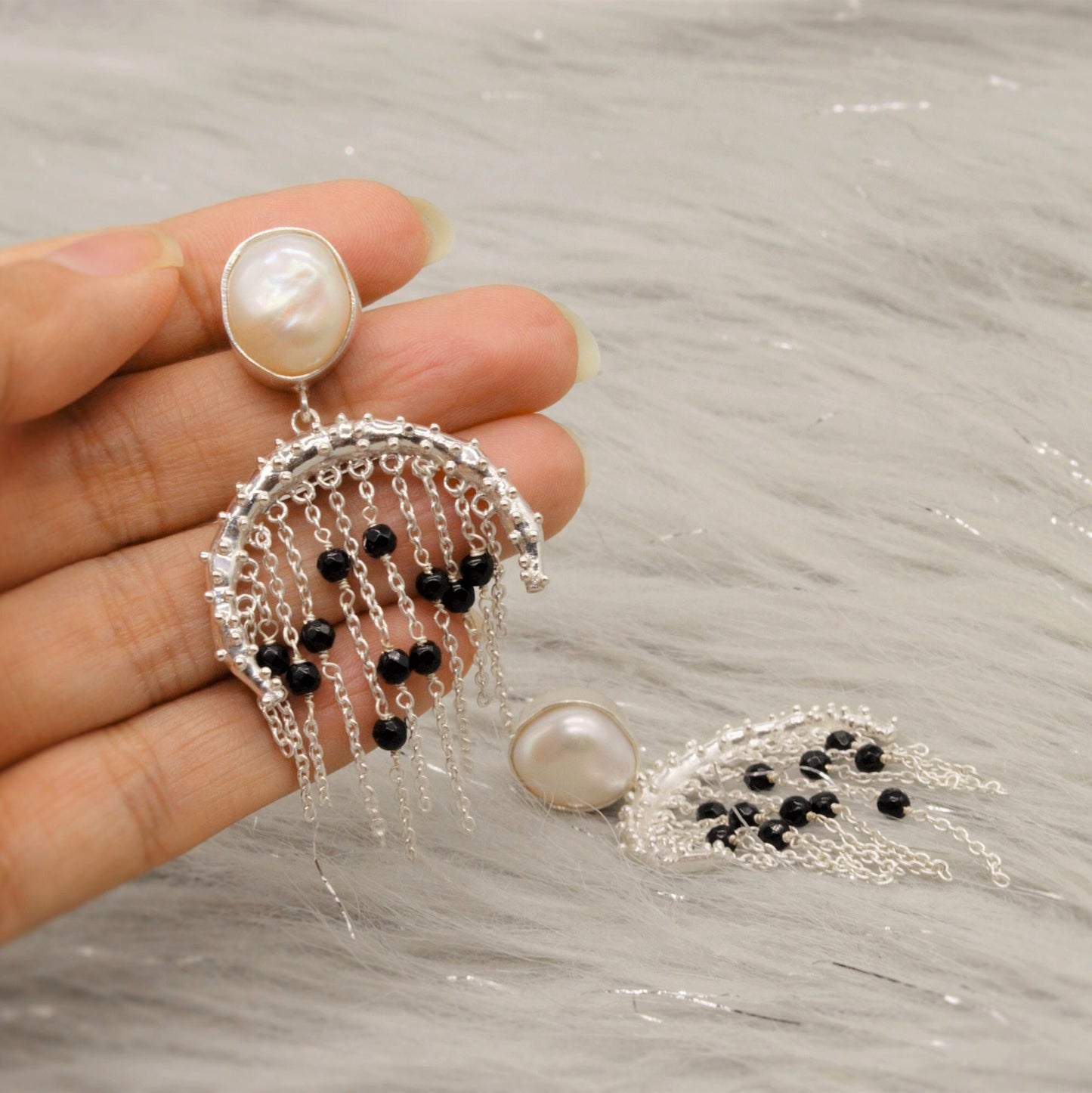 Black Onyx and Pearl Silver Earrings, June Birthstone, Unique Handmade Gemstone Dangle Beaded Earrings, Chandelier Jhumka Earrings