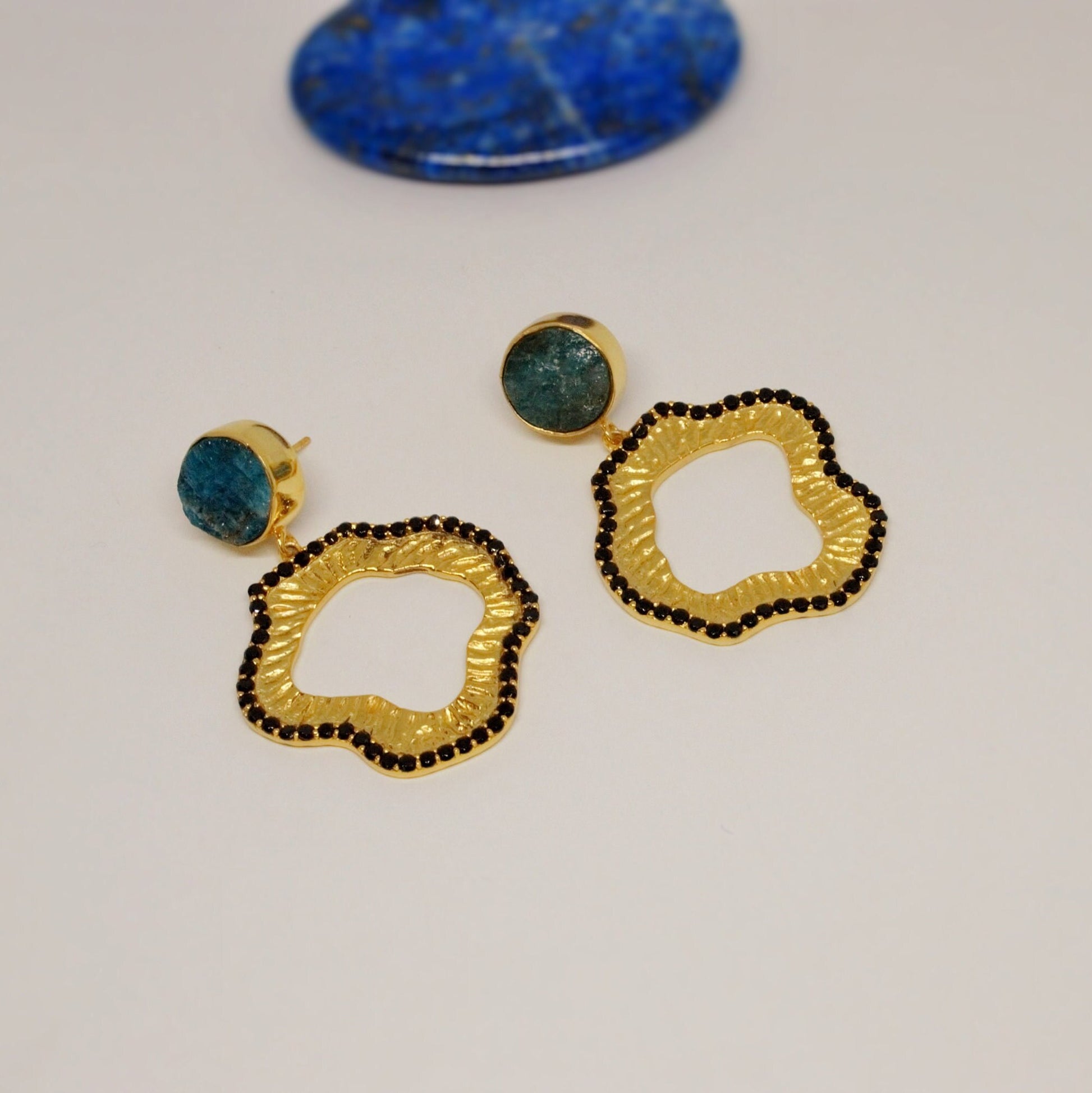 Blue Apatite Black Onyx Gold Earrings, Unique Gemstone Earrings, Dainty Statement Earrings, Gift For Her, Indian Jewelry