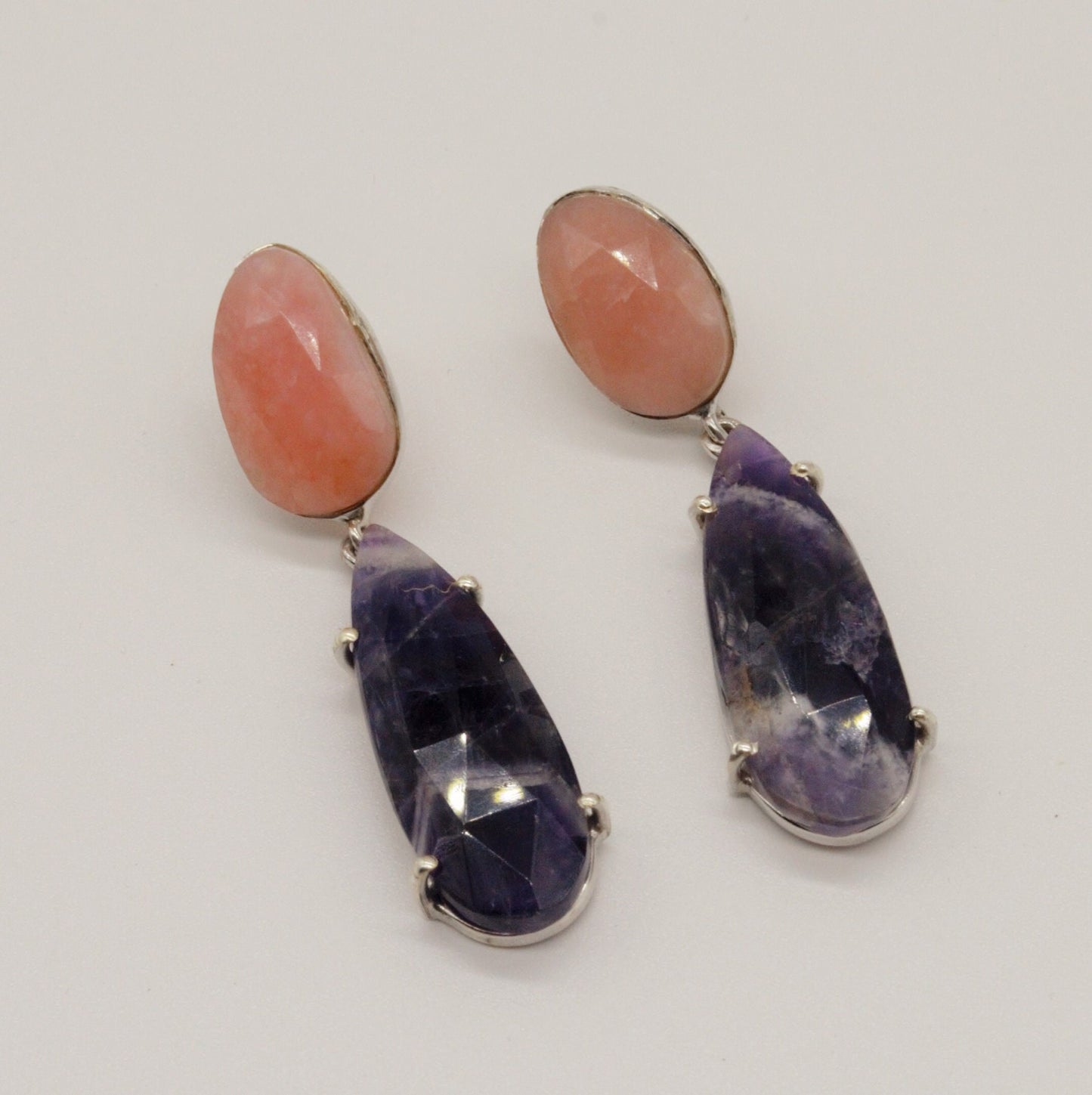 Pink Opal, Purple Amethyst Silver Earrings, February, October Birthstone, Dangle Drop Earrings, Birthday Gift For Her, Blue Peacock Earrings